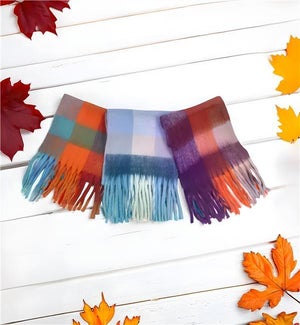 Oversized Cozy Checkered Scarf with Fringe 3 Ast