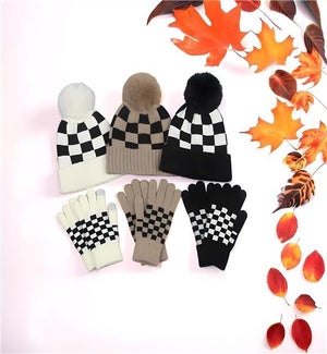 Checkered Hat and Gloves Set 3 Ast