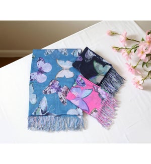 Polyester Butterfly Print Scarf with Fringe Edge, 3 Ast.