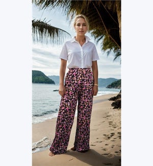Floral Lounge Pants in Black with all-over Pink & Orange Blossoms, 1S/M, 1L/XL