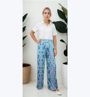 Bold Green and Blue Paisley-Print Lounge Pants with a Soft Drape and Elastic Waist, 1S/M, 1L/XL