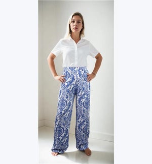 Wide-leg Pants with all-over Blue & White Paisley Floral Pattern, 1S/M, 1L/XL