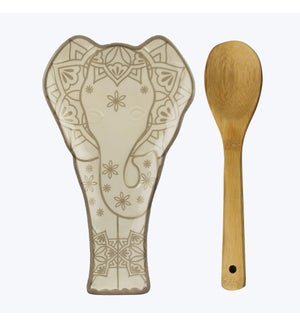 Ceramic Exotic Finds Elephant Spoon Rest with Wood Spoon Set