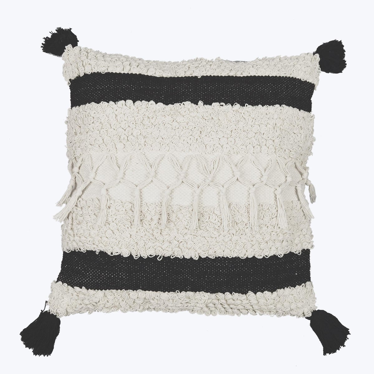 Cotton Hand Woven Pillow with Texture and Tassels, Black and White