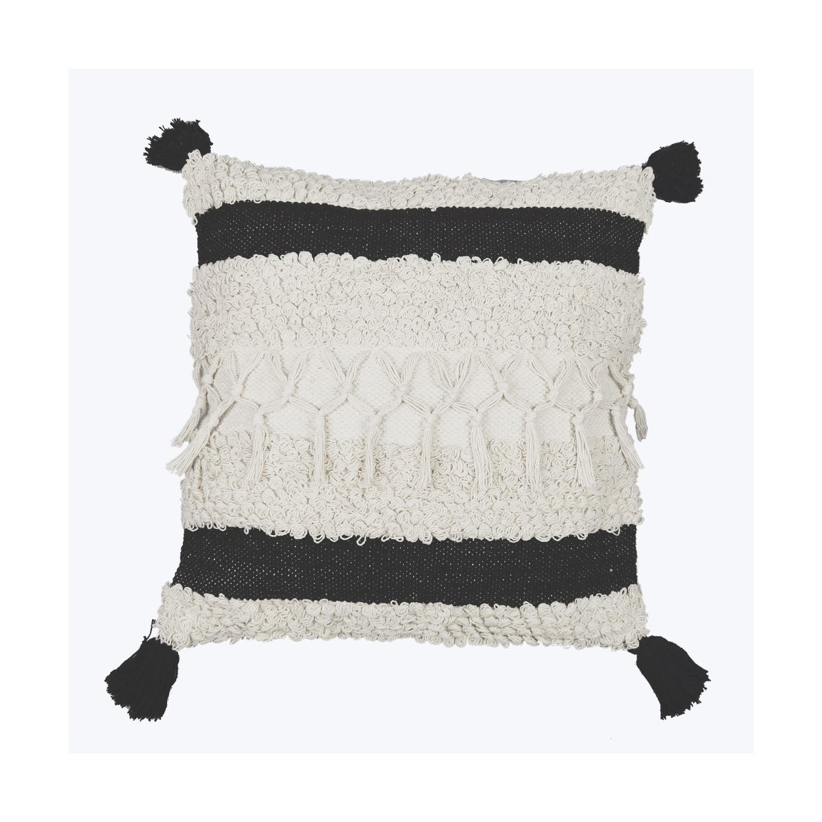 Cotton Hand Woven Pillow with Texture and Tassels, Black and White