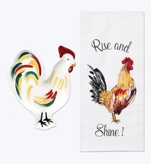 Fabric Chicken Dish Towel with Ceramic Trivet 2/Set