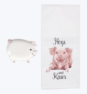 Pig Design Fabric Dish Towel with Ceramic Soap Dish Set