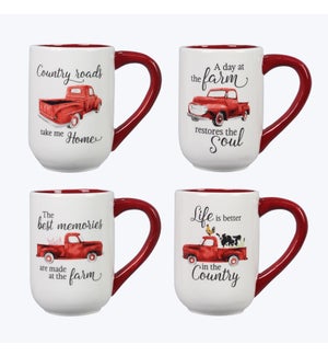 Ceramic  Red Truck Mugs, 4 Assorted