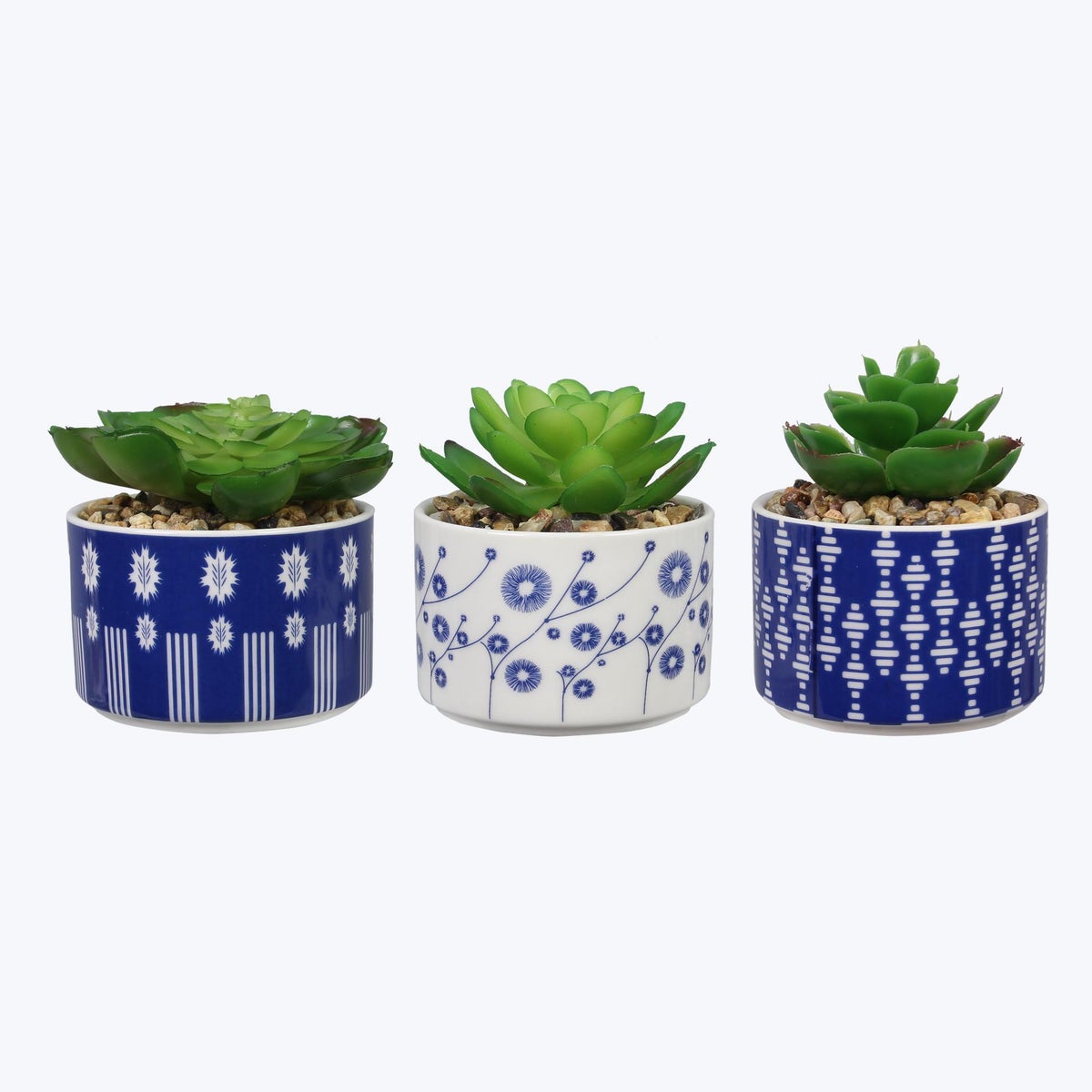 Ceramic Blue Planters with Artificial Succulents, 3 Assortment