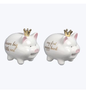 Ceramic Piggy Bank w/ Gold Crown, 2 Assorted