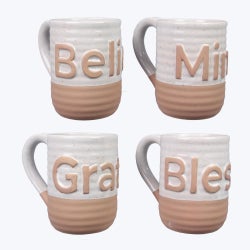 Ceramic Mug with Large Embossed Word, 4 Assorted