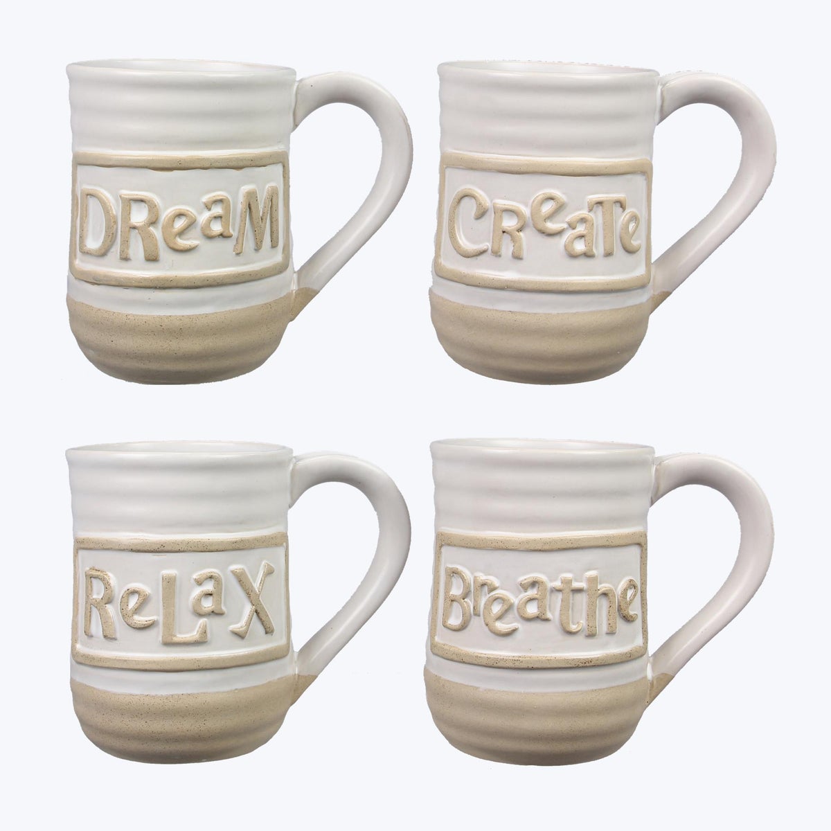 Ceramic Mug with Small Embossed Word, 4 Assorted