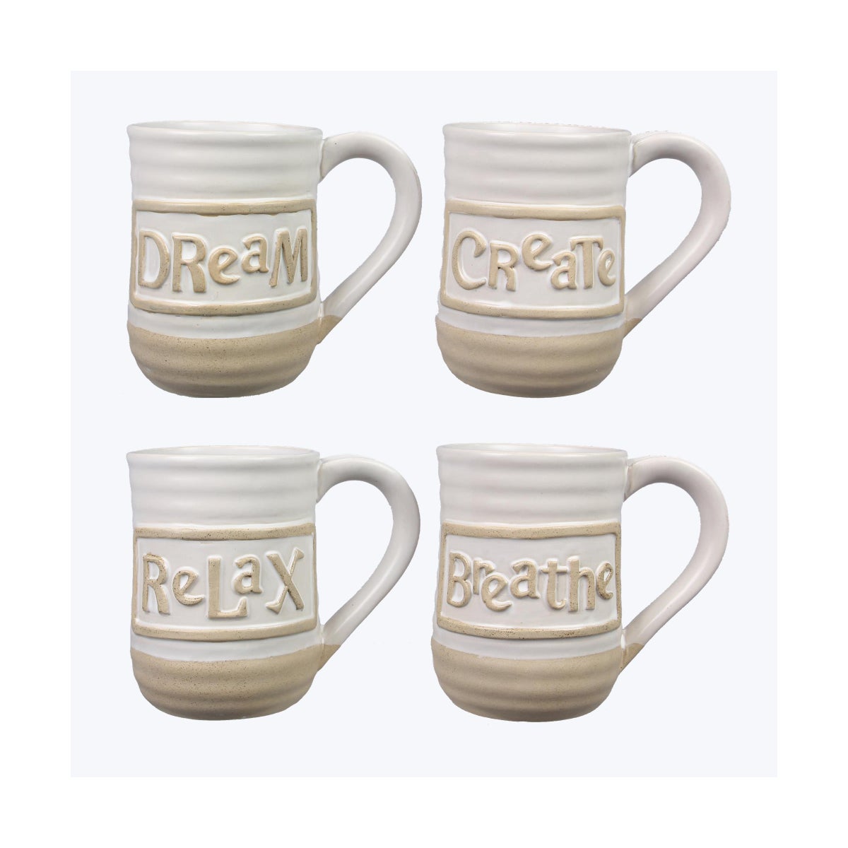 Ceramic Mug with Small Embossed Word, 4 Assorted