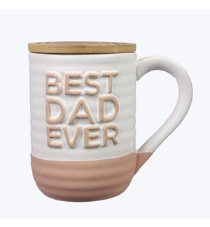 Ceramic Dad Mug with Large Embossed Word and Wood Coaster/Lid