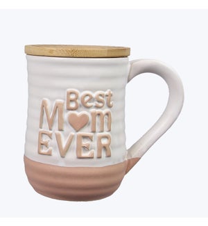 Ceramic Mom Mug with Large Embossed Word and Wood Coaster