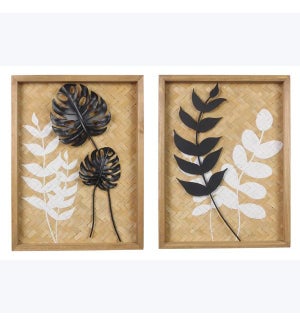 Wood Natural Home Wall Art with Metal Leaves, 2 Ast.