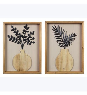 Wood Natural Home Wall Arts with Raised Wood Design & Metal Flowers , 2 Ast.