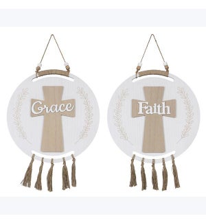 Wood Round Faith Wall Sign with Raised Cross 2 Ast, MDF
