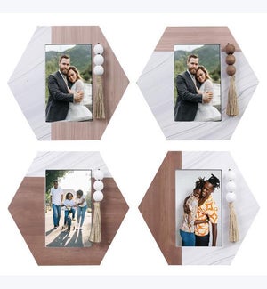 Wood Geometric Hexagon 4X6Photo Framed Table Top Sign, 4 Ast