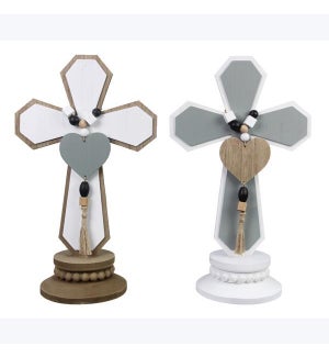 Wood Inspirational Home Cross On Pedestal Tabletop With Beads And Tassels, 2 Ast, Wood/MDF