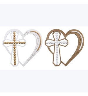 Wood Inspirational Home Heart Shaped Wall Art With Cross and Beads, 2 Ast, Wood/MDF
