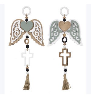 Wood Inspirational Home Angel Wing Wall Hanger With Beads and Cut out Cross, 2 Ast, Wood/MDF