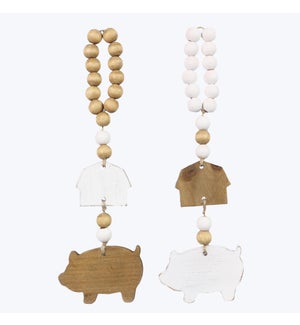 Wood Barn/Pig Hanger with Blessing Bead, 2 Ast