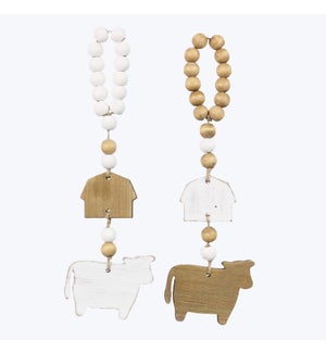 Wood Barn/Cow Hanger with Blessing Beads, 2 Ast