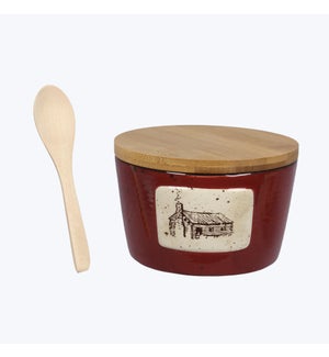 Ceramic Cabin Design Salt/Pepper Jar with Wooden Spoon