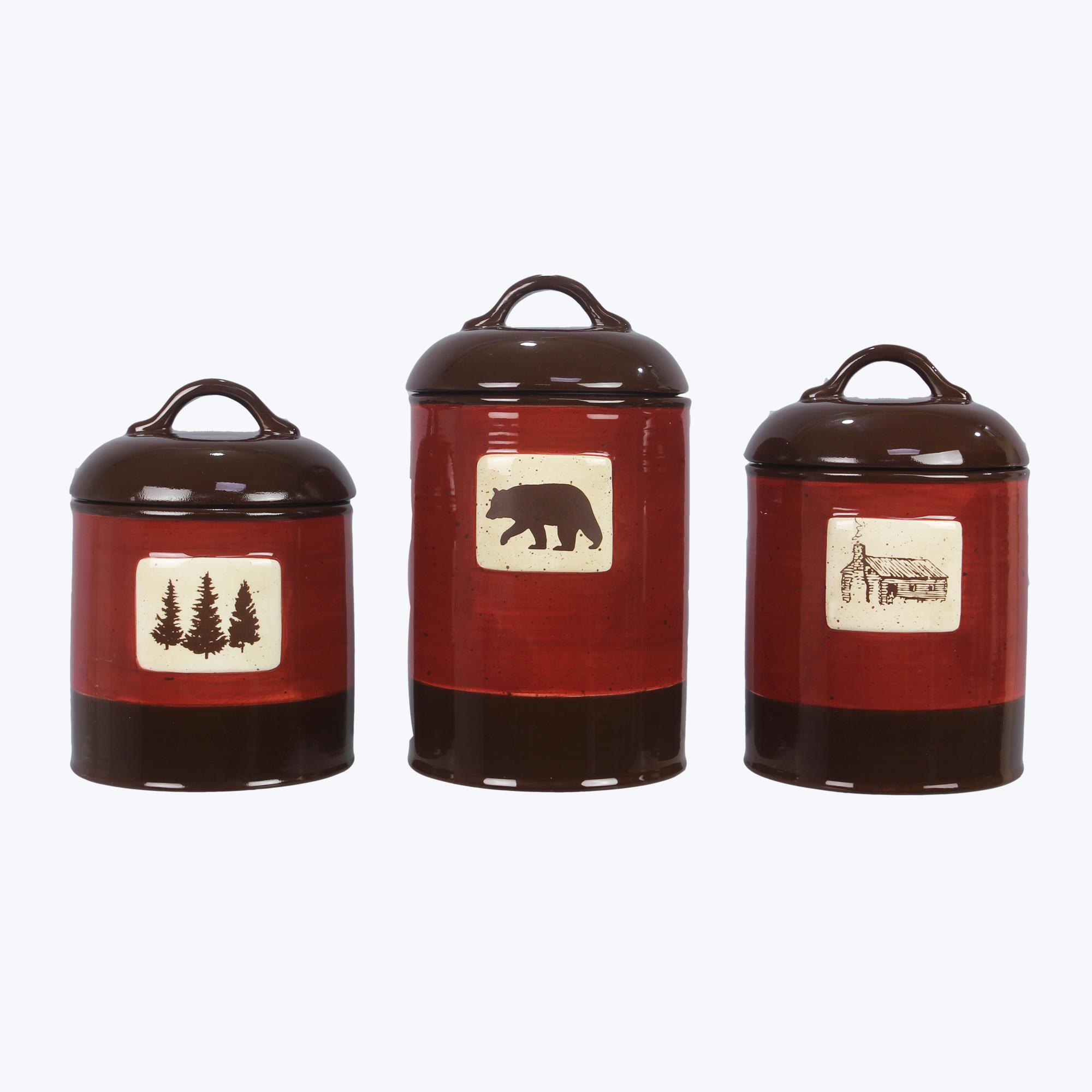 Ceramic Bear Design 3 Pcs Canister Set Cabin And Happy Camper SDS   Y 12906 Lg 