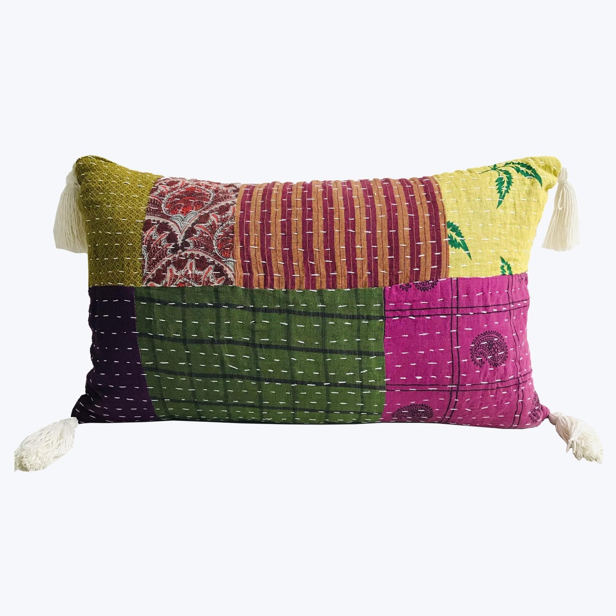 Cotton Kantha Lumbar Pillow with Tassels