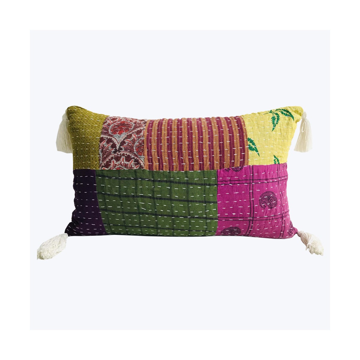 Cotton Kantha Lumbar Pillow with Tassels