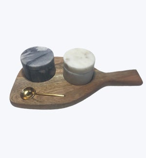 Wood Board with Marble Salt and Pepper Cellars with Brass Spoon