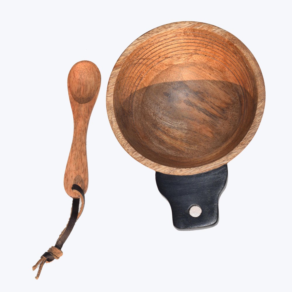 Mango Wood Bowl with Handle & Spoon