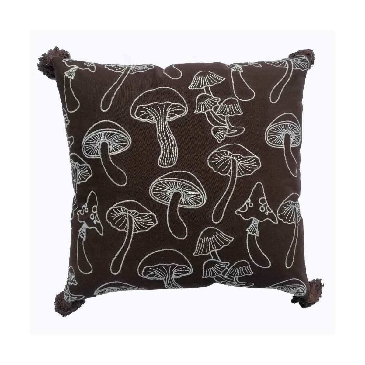 Cotton Square Pillow with Mushroom Pattern & Tassels