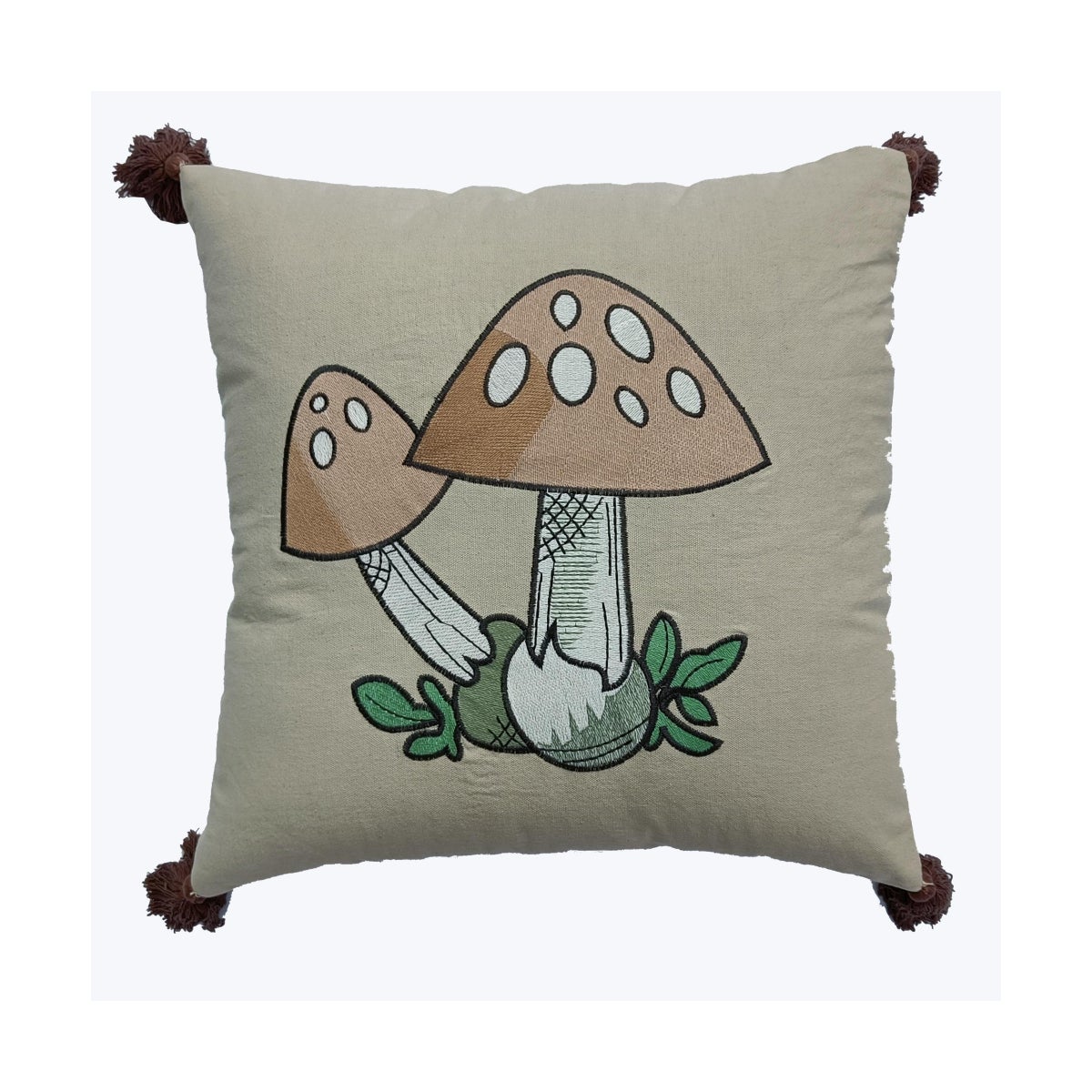 Cotton Square Pillow with Mushroom Design &Tassels