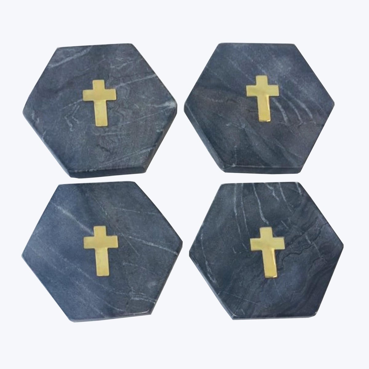 Marble Hexagon Coaster with Brass Inlay 4/Set
