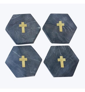 Marble Hexagon Coaster with Brass Inlay 4/Set