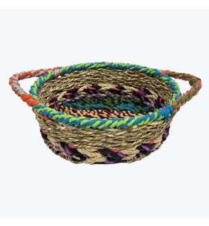 Woven Kantha Round Basket with Handle