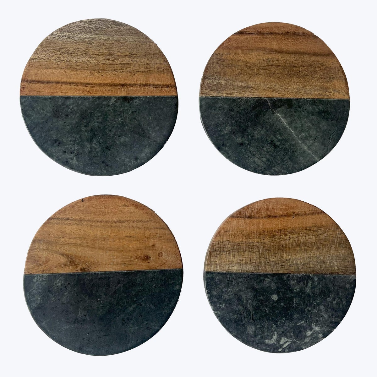 Green Marble/Wood Round Coaster 4/Set