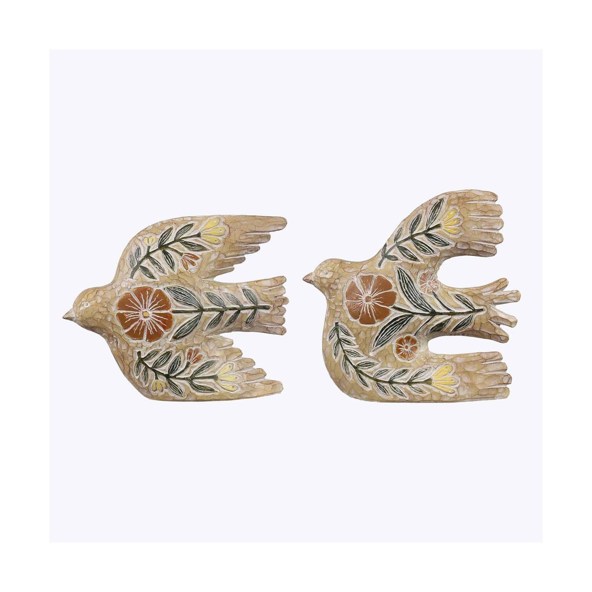 Resin Carved Tabletop Bird Figurine with Floral Design 2 Ast