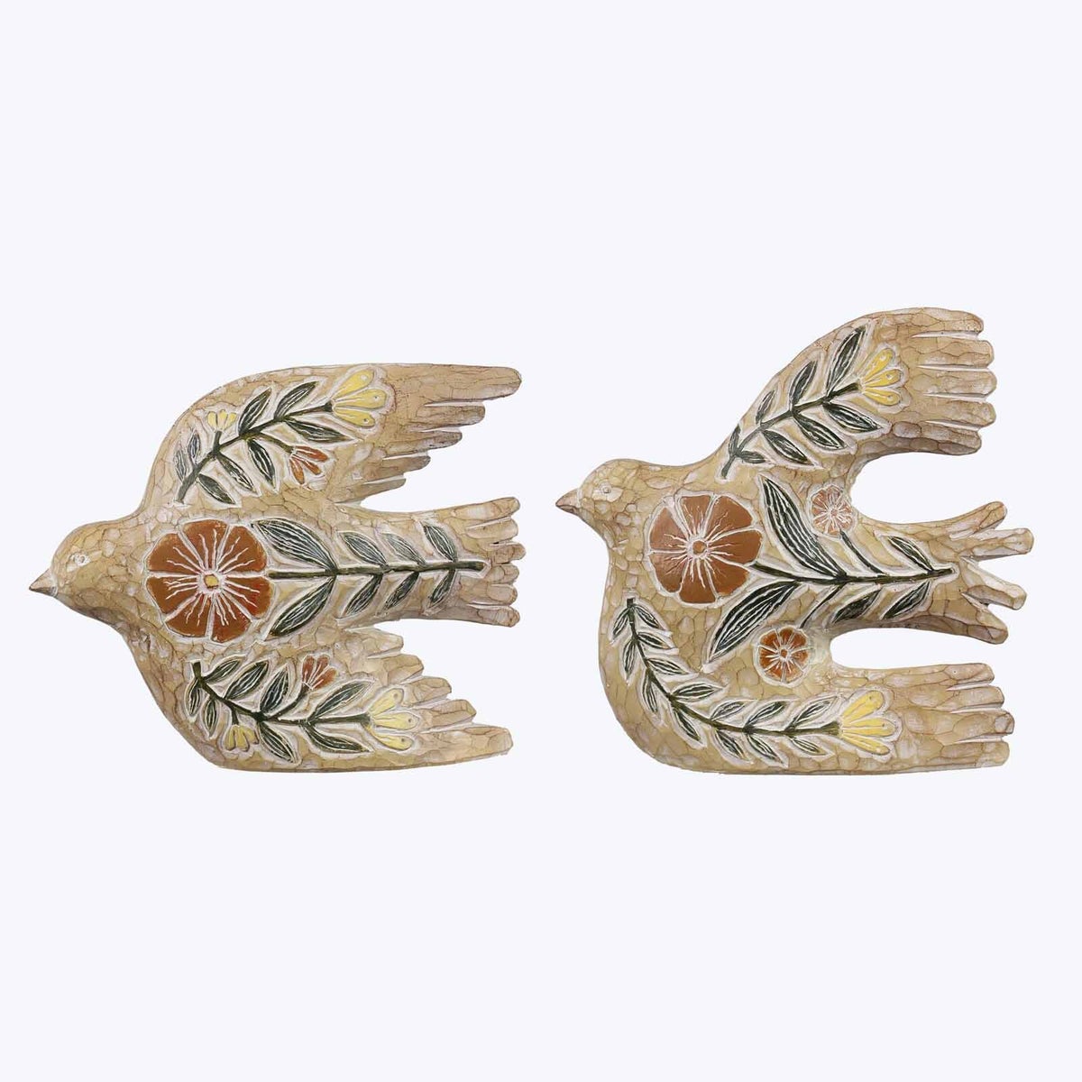 Resin Carved Tabletop Bird Figurine with Floral Design 2 Ast