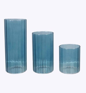 Glass Blue with Cut Design Candle or Vase 3/Set