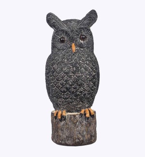 Resin Black Barn Owl with White Speckle on Stump