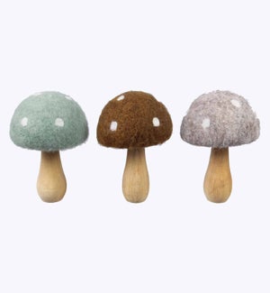 Felted Wool Mushrooms on Wood Stem 3 Ast