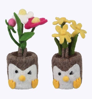 Felted Wool Owl Planter w/ Wool Flower 2 Ast