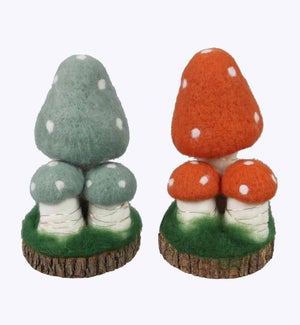 Felted Wool Mushrooms on Wood Stump w/ LED 2 Ast - CR2032 Battery not included