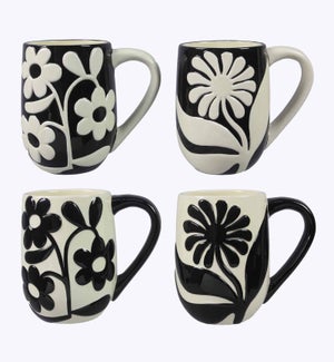 Ceramic Black and White Raised Floral Design Mugs 4 Ast