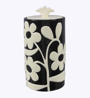 Ceramic Black and White Raised Floral Design Canister