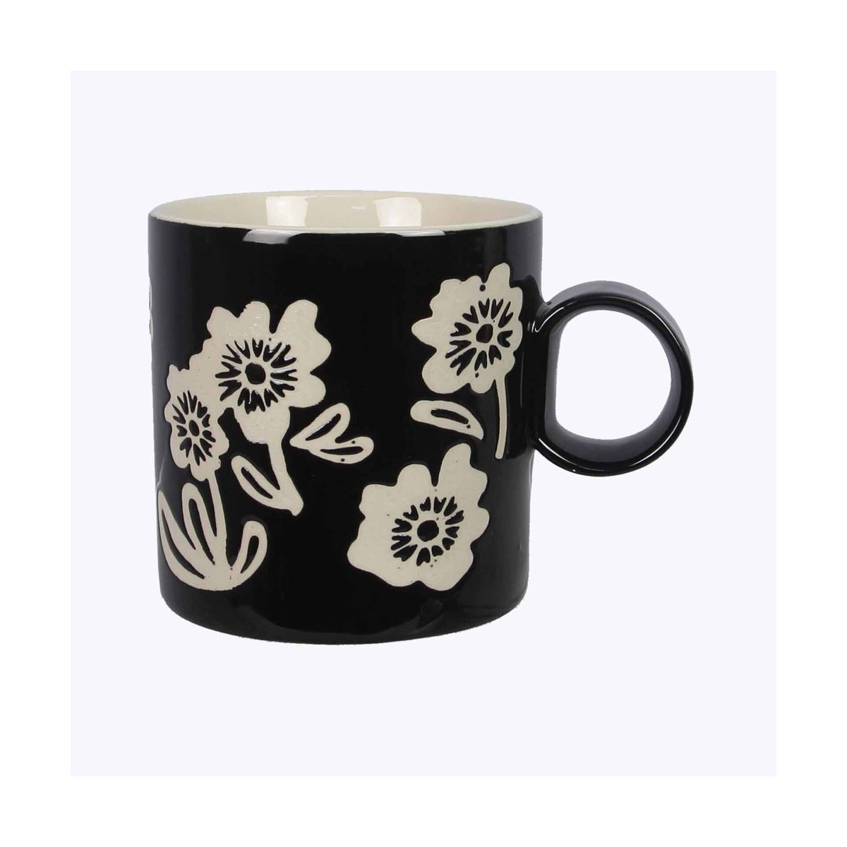 Stoneware Black Mug with Wax Resist Flower Design